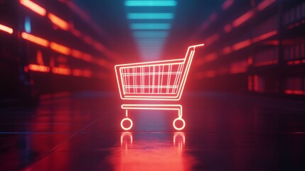 Neon Shopping Cart in Dark Corridor.
