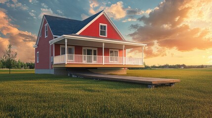 A red house with a porch and a white railing sits in a grassy field