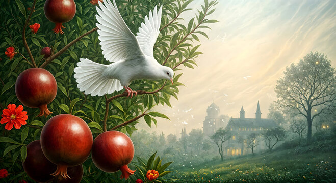 White dove flies from a branch of a flowering pomegranate tree in the background of a pastoral town