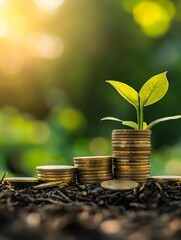 A growing plant emerging from stacked coins, symbolizing financial growth and sustainable investment in nature.