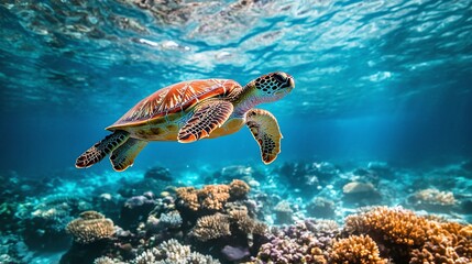 Fototapeta premium elegant green turtle gliding above a lively coral reef, vibrant underwater environment, showcasing ocean wildlife and coral beauty