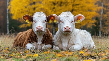 Obraz premium Two cows are laying down in a field of yellow leaves