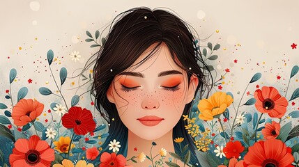Fototapeta premium Happy Womens Day March 8! Cute cards and posters for the spring holiday. Vector illustration of a date, a woman and a bouquet of flowers