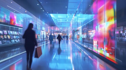 Shoppers in Modern Illuminated Mall Corridor.