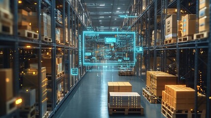 Fototapeta premium Futuristic smart logistics network empowers high-tech warehouse efficiency, optimizing operational technology, and connectivity solutions for enhanced industry performance