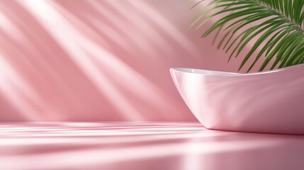Stylish pink decor featuring a ceramic bowl and a lush palm leaf, ideal for modern aesthetics and interior design themes.