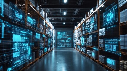 Innovative distribution in high-tech warehouses driven by a futuristic smart logistics network, optimizing operations with advanced systems and technology management