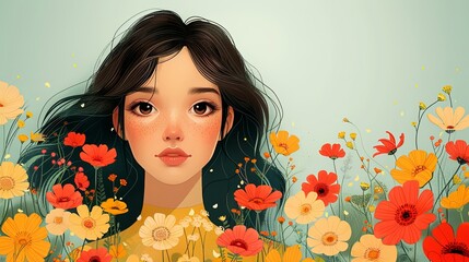 Fototapeta premium Happy Womens Day March 8! Cute cards and posters for the spring holiday. Vector illustration of a date, a woman and a bouquet of flowers