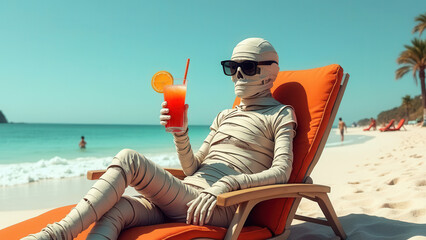 Happy mummy at the beach with copy space