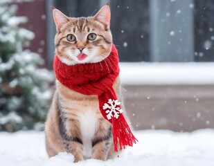 A cute kitty wearing a red knitted scarf stands in the snow holding a candy Snowflakes background