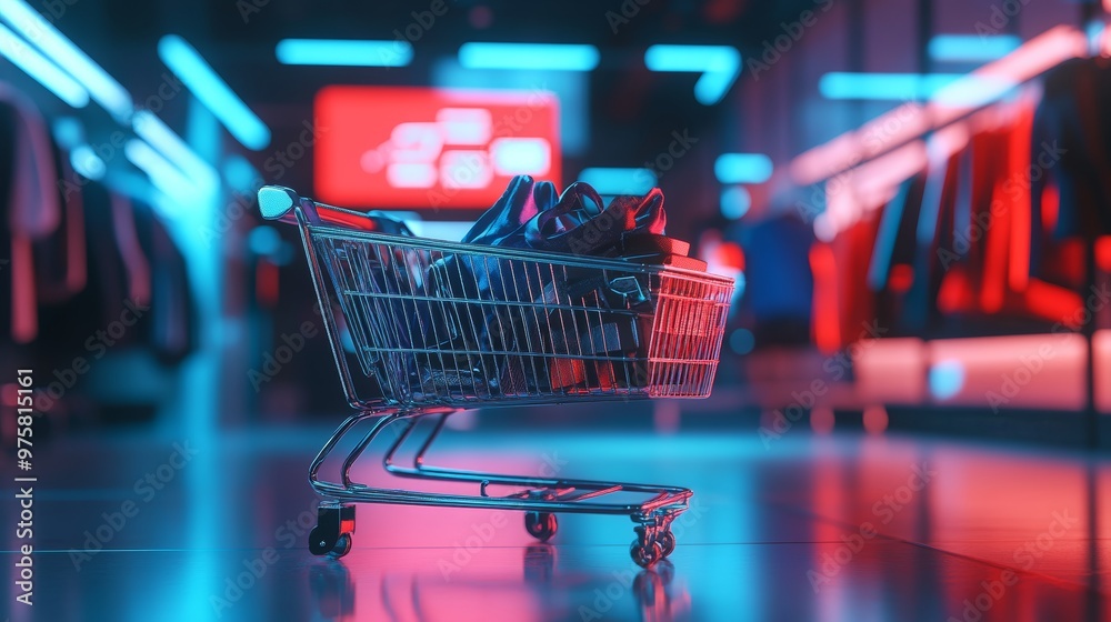 Wall mural shopping cart with shoes in a neon lit store.