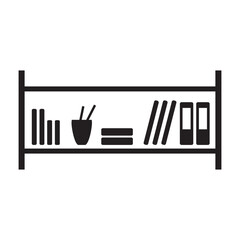 Bookshelf icon, shelves with books, black isolated on white background, vector illustration.