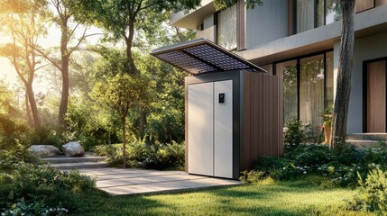 A smart parcel delivery box with a solar panel on top, installed outside a sustainable home.