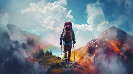 Hiker is captured in a photo with multiple colors layered on top of each other