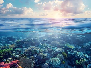 Obraz premium Thriving Marine Ecosystem in Serene Ocean Sunrise with Copy Space