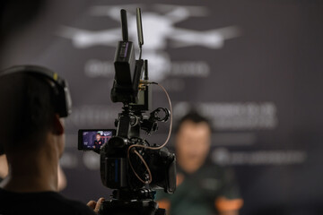 camera show viewfinder image catch motion in interview or broadcast wedding ceremony, catch feeling, stopped motion in best memorial day concept.Video Cinema From dslr camera.video cinema production