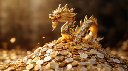 Fototapeta premium Stunning golden dragon atop a mountain of gold and silver coins, celebrating the Chinese New Year Festival symbols of wealth.