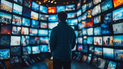 modern technology display featuring a man in front of a television screen wall at an electronics convention, emphasizing the digital viewing experience and industry innovation