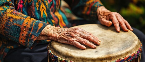 An elder playing a traditional drum with colorful patterns on sleeves.