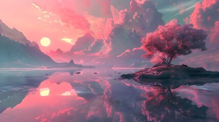 Surreal Dreamscape Landscape with Serene Lakeside Reflection and Vibrant Skies