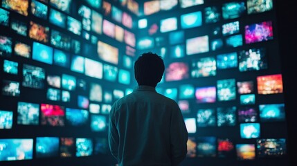 electronics convention scene with a man standing before a wall of television screens, highlighting the tech showcase, digital wall, and the futuristic screen exhibition at the event