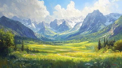 Fototapeta premium tranquil nature painting of a green valley with mountains in the background, offering a picturesque view of outdoor scenery with vibrant greenery and an idyllic artistic creation