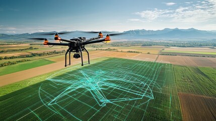 Aerial view of an agricultural drone mapping an expansive field, with data being collected autonomously.