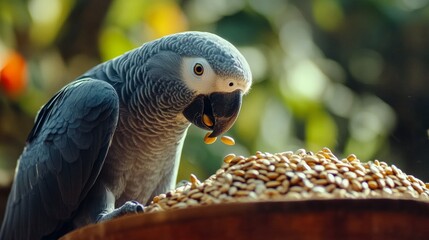 Fototapeta premium African Grey parrot feeding on seeds, focusing on the birds interaction with its natural diet.