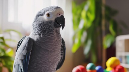 Fototapeta premium African Grey parrot mimicking sounds, perched in a cozy, indoor environment with toys nearby.
