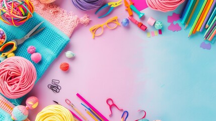 Colorful yarn, scissors, pencils, and other craft supplies on a pink and blue background.