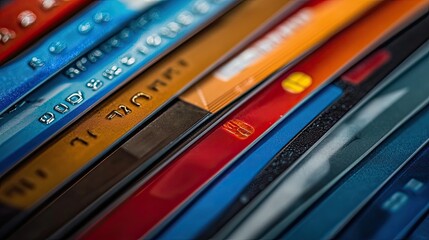 A row of credit cards with different colors and numbers