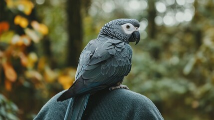 Obraz premium African Grey parrot sitting on a persons shoulder, emphasizing the close bond between bird and owner.