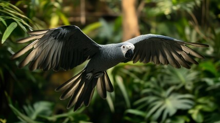 African Grey parrot spreading its wings in mid-flight, soaring through a lush tropical forest.