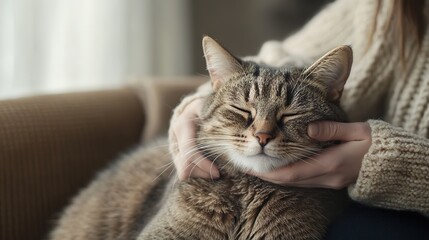 Tabby cat enjoys petting, cozy home setting.