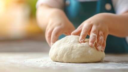 Obraz premium A child hands knead fresh dough on a kitchen countertop, showcasing the joy of baking and culinary creativity.