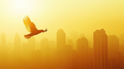 Obraz premium Silhouetted Bird Soaring Above a Cityscape at Sunset