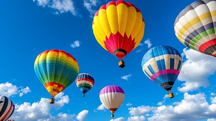 Fototapeta premium Colorful Hot Air Balloons Soaring Through Blue Sky with White Clouds