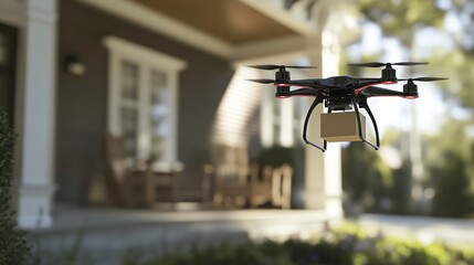 Autonomous drone lowering a small package onto a front porch in a quiet residential area.