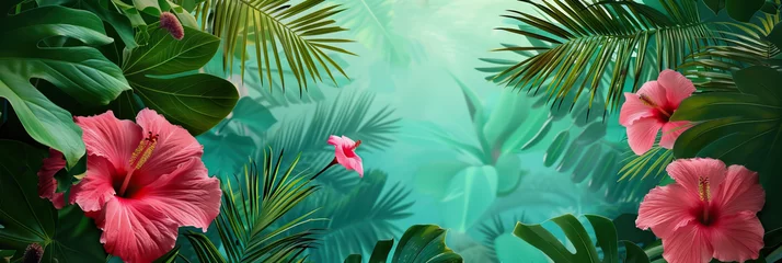 Selbstklebende Fototapeten Tropical Escape: Vibrant green leaves and vivid pink flowers pop against a lush turquoise background, transporting viewers to a serene tropical paradise. © Lila Patel
