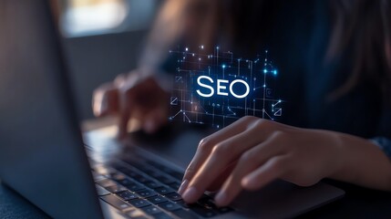 Person typing on a laptop with an SEO graphic overlay, emphasizing search engine optimization and digital marketing concepts.