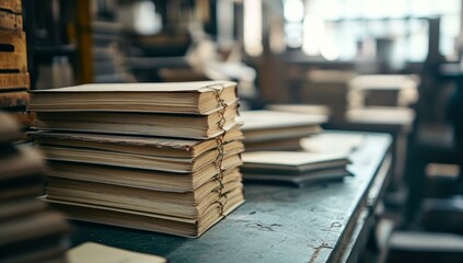 Old, bound books stacked on a table.