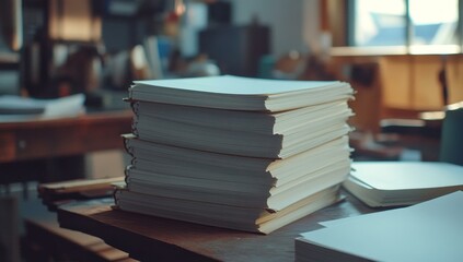 Obraz premium Stack of books on a wooden table.