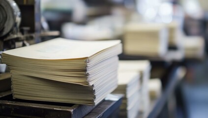 A stack of printed paper on a metal surface.