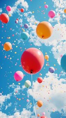 Fototapeta premium Colorful Balloons Floating in Blue Sky with White Clouds