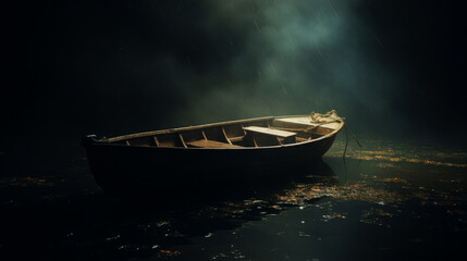 Lone boat sits in a shadowy room, its wooden hull dimly illuminated