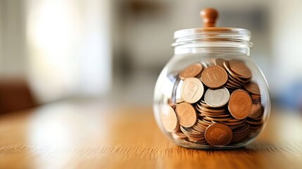 A jar full of coins sits on a wooden table