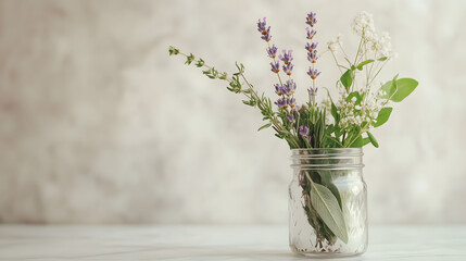 A mason jar filled with a bouquet of fresh herbs, including lavender, thyme, and oregano.