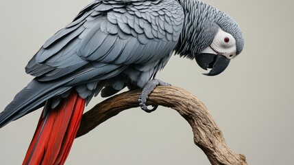 Obraz premium Close-up of an African Grey parrot perched on a branch, showcasing its distinctive grey feathers and red tail.