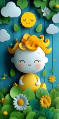 Obraz premium A cheerful child with curly yellow hair sits amidst colorful flowers and greenery.