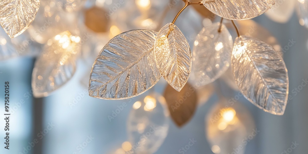 Poster Glass leaf chandelier with warm lights.